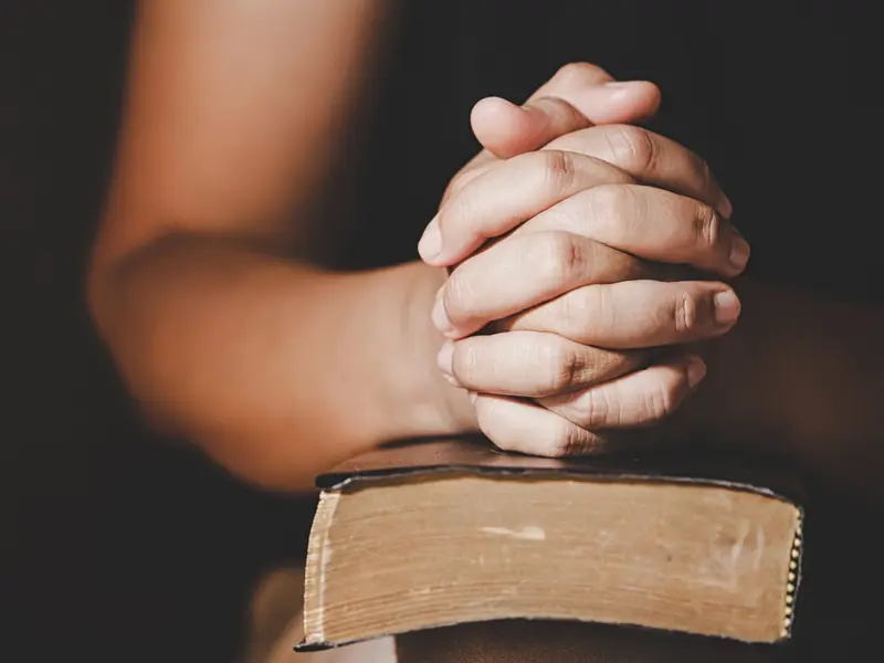 person's hands formed together in prayer sitting on top of bible