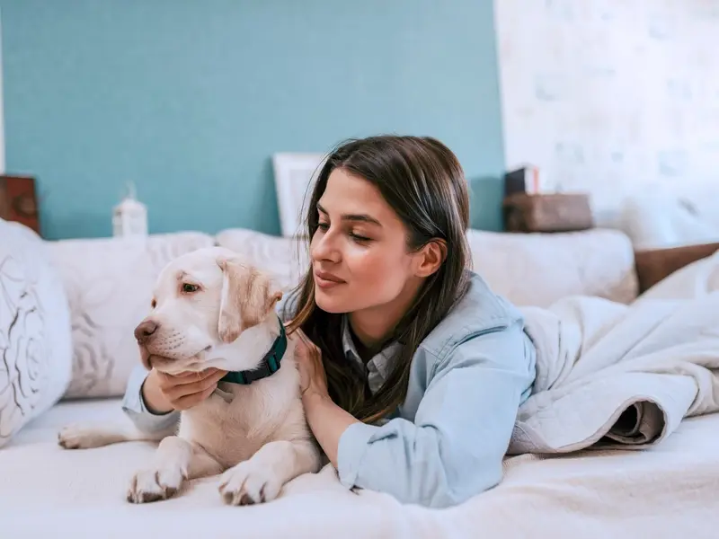 patient recovering from a UTI while laying in bed playing with her dog