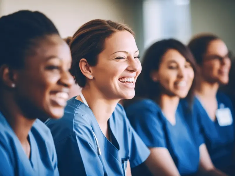 Four nurses smiling and laughing during a training session at Baylor Scott & White Health