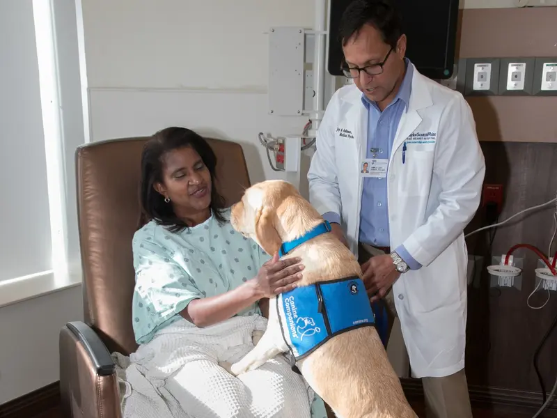 patient sitting in hospital chair petting cardiac support dog with doctor standing next to them