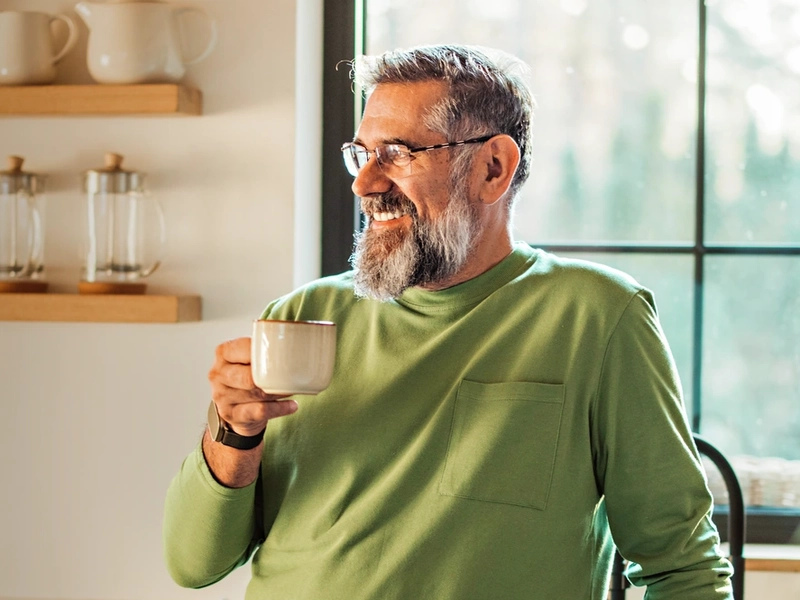 patient suffering from spasticity enjoying a morning coffee after receiving treatment