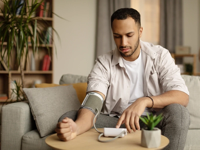 A man living with heart disease sits on his couch at home, using a blood pressure to monitor his levels.