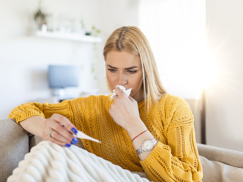 A patient checking her temperature to keep an eye on covid symptoms