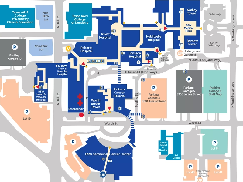 A graphical map showing the medical center campus of Baylor University Medical Center, part of Baylor Scott & White Health